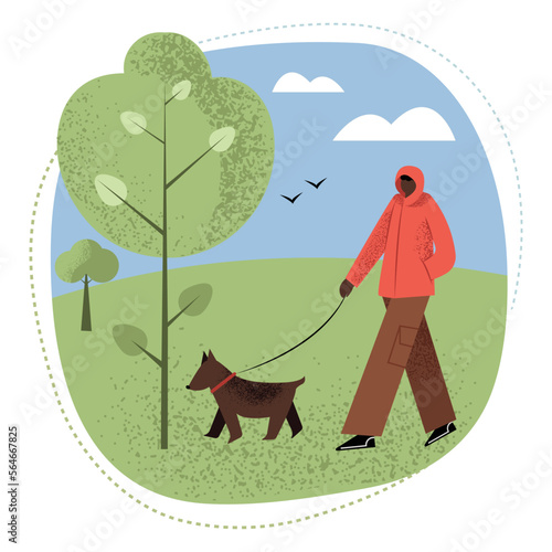 African American male walking the dog in park or in the woods scenery. Isolated vector illustration in flat style