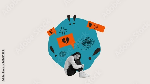 Wallpaper Mural Stop motion, animation. Conceptual design with depressed young woman suffering from social media abuse. Concept of social problems, psychology, bullying, cyberbullying, depression, abuse. Poster, ad Torontodigital.ca