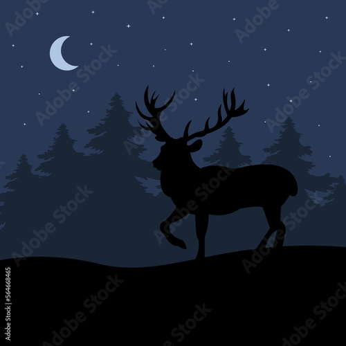 Deer in the night forest  moon and stars. Vector illustration. Flat cartoon style