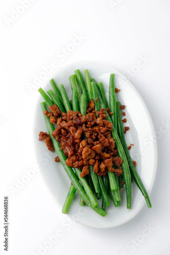 Stir Fried String Bean, French Bean with Minced Beef. photo