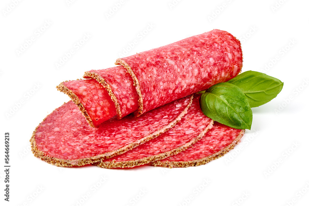 Sliced Salami with spices, isolated on white background. Sliced Salami with spices, isolated on white background.