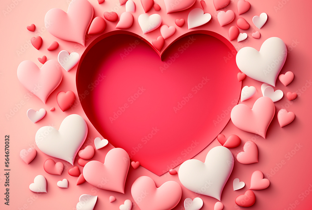 Ai generated, composition of colorful hearts, white, red and pink on background with copy space. High quality illustration