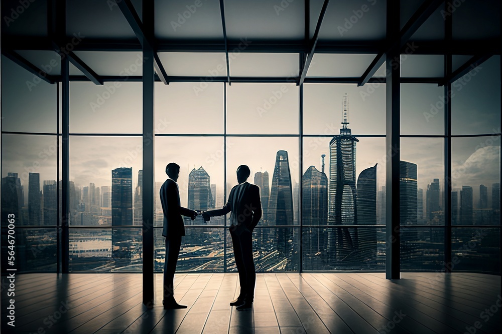 Business man shaking hands in a boardroom with cityscape in the background
