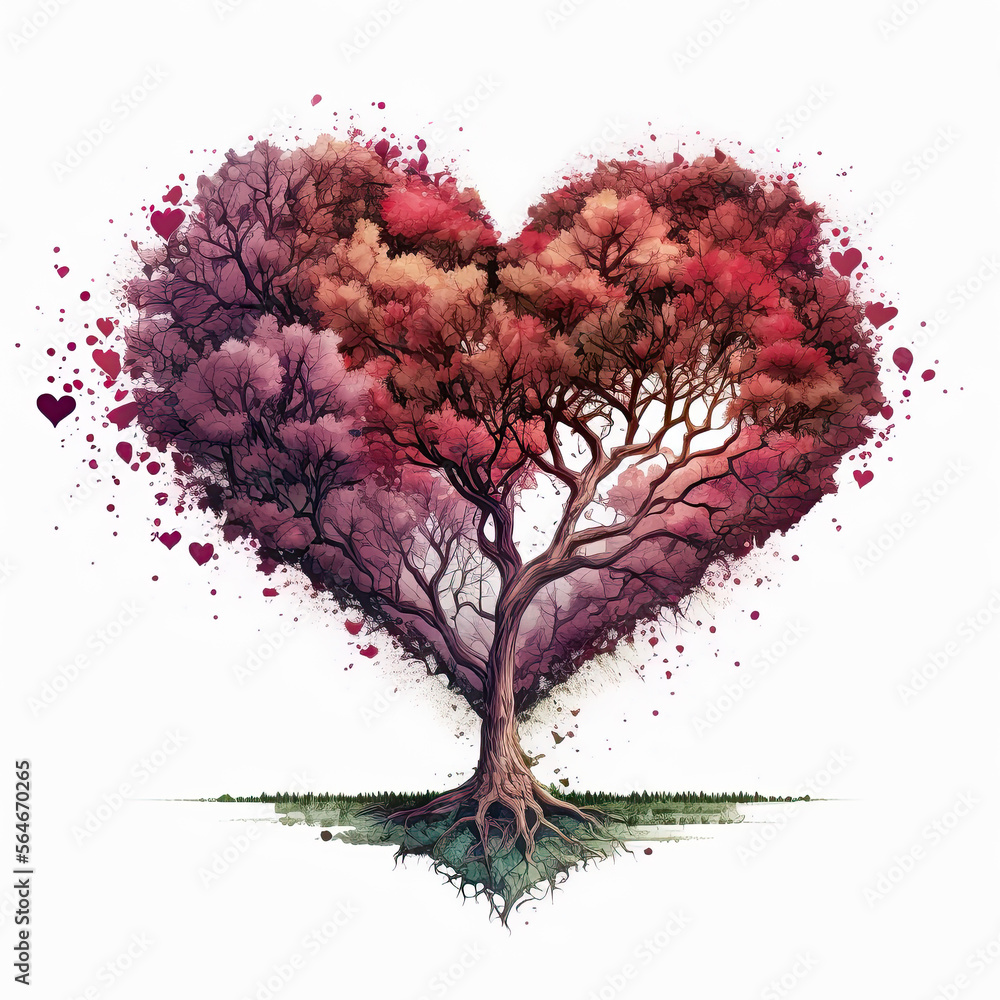 The Tree of love. Heart tree. generative ai. Symbol of love. Heart watercolor painting. Watercolor valentines day background - obrazy, fototapety, plakaty 