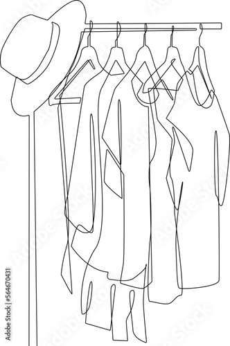 Continuous one line drawing Collection of clothes hanging on a rack with hat. Clothing concept. Single line draw design vector graphic illustration.