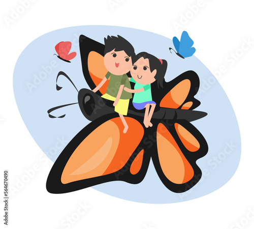 couple of two cute characters riding a butterfly. cartoon man and woman. concept of love  romantic  dating  etc. for sticker  greeting card  print. vector illustration in flat style.