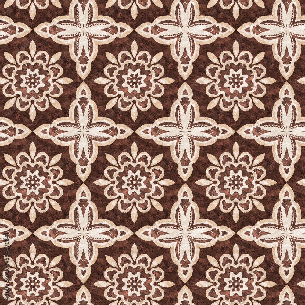 Mosaic geometric dark brown seamless texture pattern. Trendy kaleidoscope woven design for printed fabric. Rough abstract textile design. 