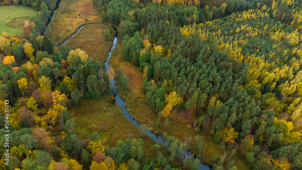 Jesienny mazurski las, widok z drona na jesienny las z zakolem rzeki, jesień na mazurach - obrazy, fototapety, plakaty 