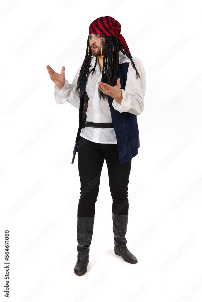 Obraz premium A pirate of the Caribbean in a suit is standing. Male figure isolated on white background.