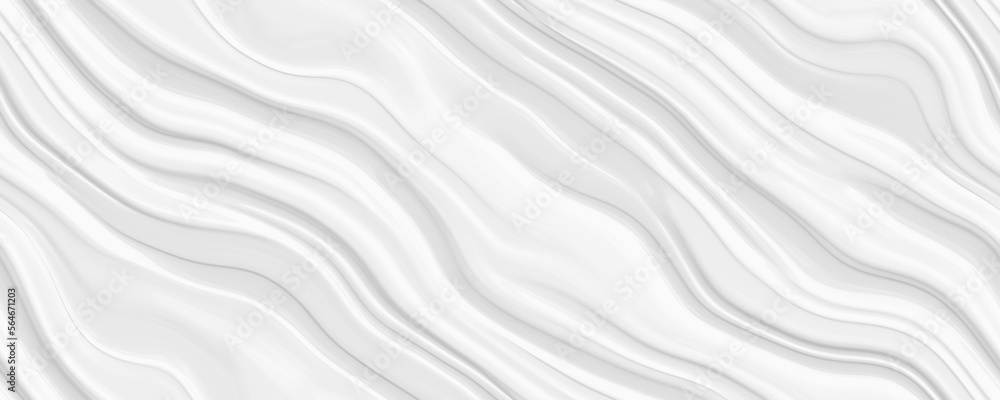 Seamless subtle white glossy soft waves transparent background texture  overlay. Abstract wavy embossed marble displacement, bump or height map.  Simple panoramic banner wallpaper pattern. 3D rendering. Stock Illustration