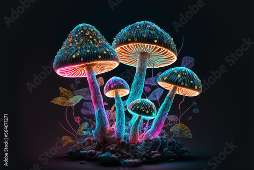 Psilocybin therapy as treatment of mental health challenges. Psilocybin psychotropic magic psilocybin mushrooms on dark neon background. Generative AI