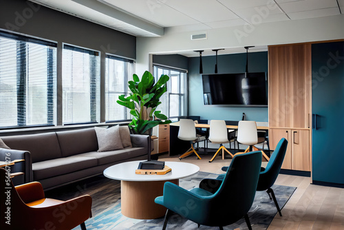 A modern, minimalist office with ergonomic furniture and a dynamic view. Open-plan layout promotes collaboration, boardroom and lounge equipped for productive meetings. Comfortable and customizable.
