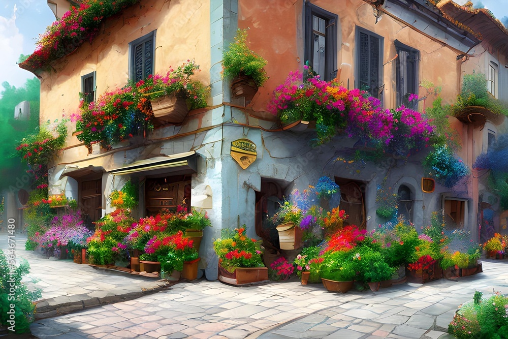 Una imagen bella de una casa de estilo antiguo, con flores en cada ...