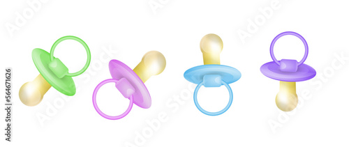 Vector realistic pacifiers, baby icons 3d. Four comforters set. Design elements in pastel colors.