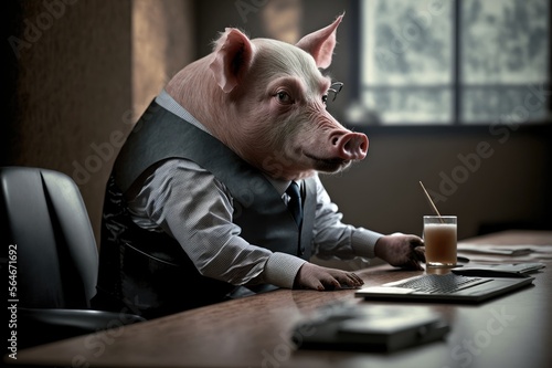 An Unprecedented Sight A Pig in a Business Suit Sitting at a Desk in an Office. Generative AI photo