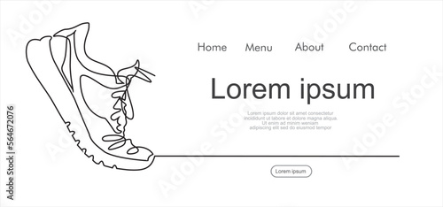 Vector illustration of sneaker. Sports shoes in a line style. Continuous one line.  Can used for logo, emblem, slide show and banner. Illustration with quote template. 