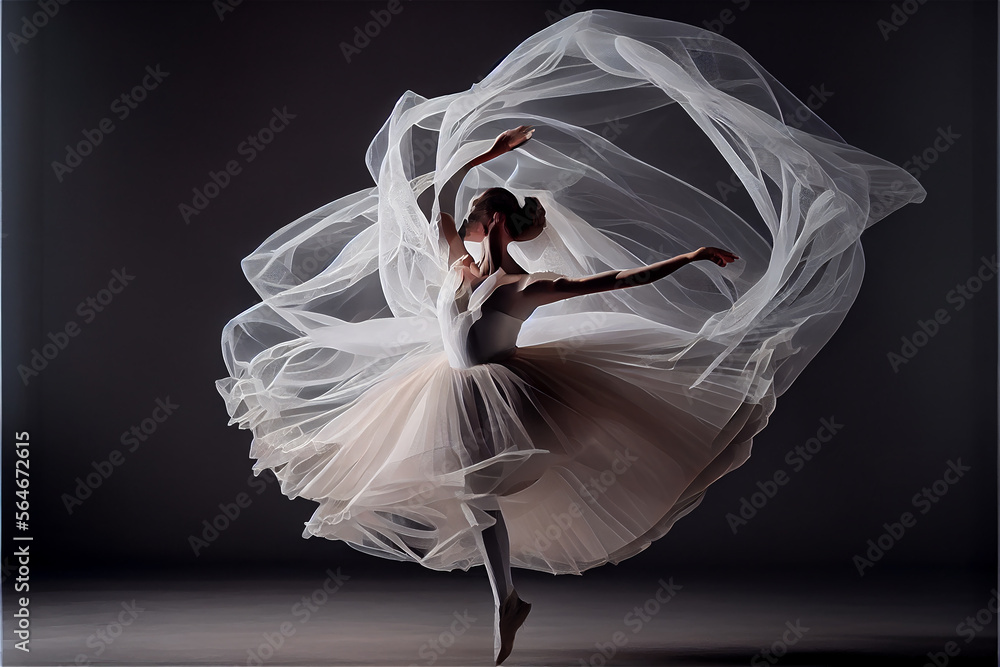 Graceful ballerina dancer wearing a gauzy dress jumping, generative AI - obrazy, fototapety, plakaty 