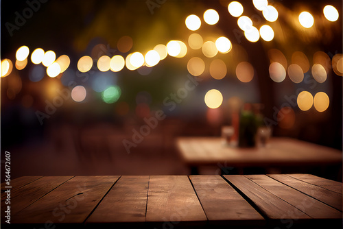 Empty wooden table in a terrace in a nighttime urban setting  generative AI