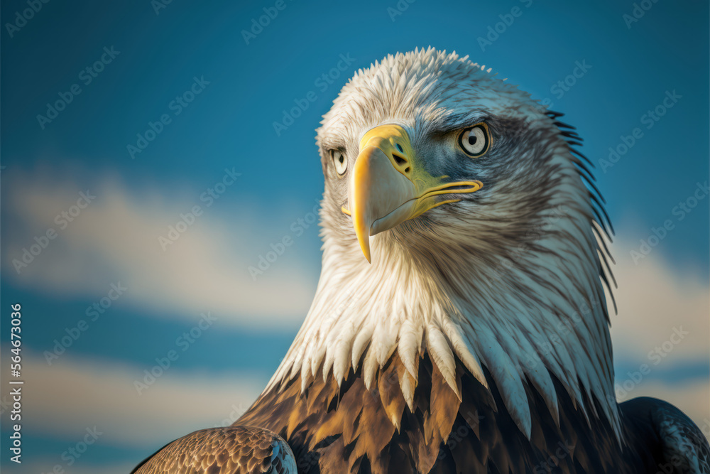 Fototapeta premium Eagle looking straight into camera, against clear blue sky - AI Generated