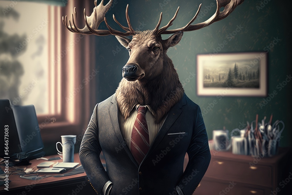 An Unusual Sight of an Elk in a Business Suit in a Professional Office - obrazy, fototapety, plakaty 