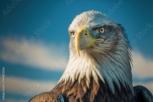 Eagle looking straight into camera, against clear blue sky - AI Generated