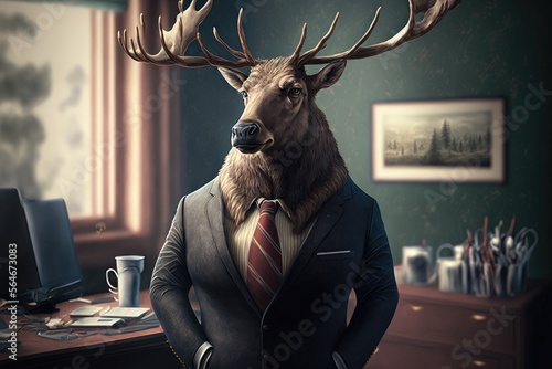 An Unusual Sight of an Elk in a Business Suit in a Professional Office Generative AI photo
