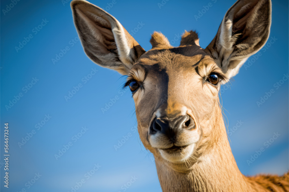 Deer looking straight into camera, against clear blue sky - AI Generated