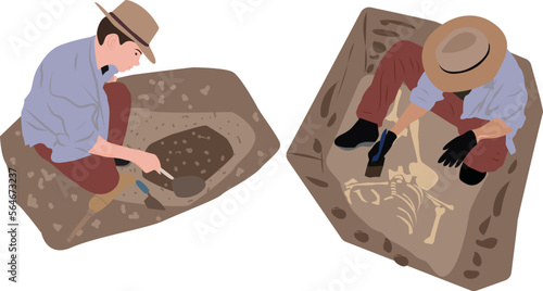 Archaeologist Sitting on Ground and Sweeping Dirt from Bone of Skeleton Using Brush, Paleontology Scientist Character Working on Excavations with Historical Artifacts Flat Vector. Flat vector illustra