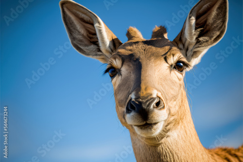 Deer looking straight into camera, against clear blue sky - AI Generated