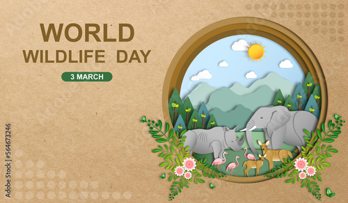 Canvas Print Wild animals and Natural botanical paper art style with copy space, Environment conservation, Sustainable of Ecology concept, Think green nature, Save the planet, Eco friendly and World wildlife day