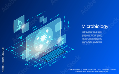 Microbiology, science research flat 3d isometric style vector concept illustration