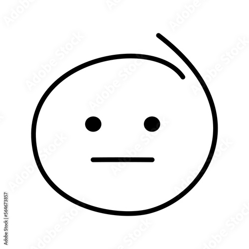 Black and white drawn emoticon without emotion with open eyes and a straight line of the mouth