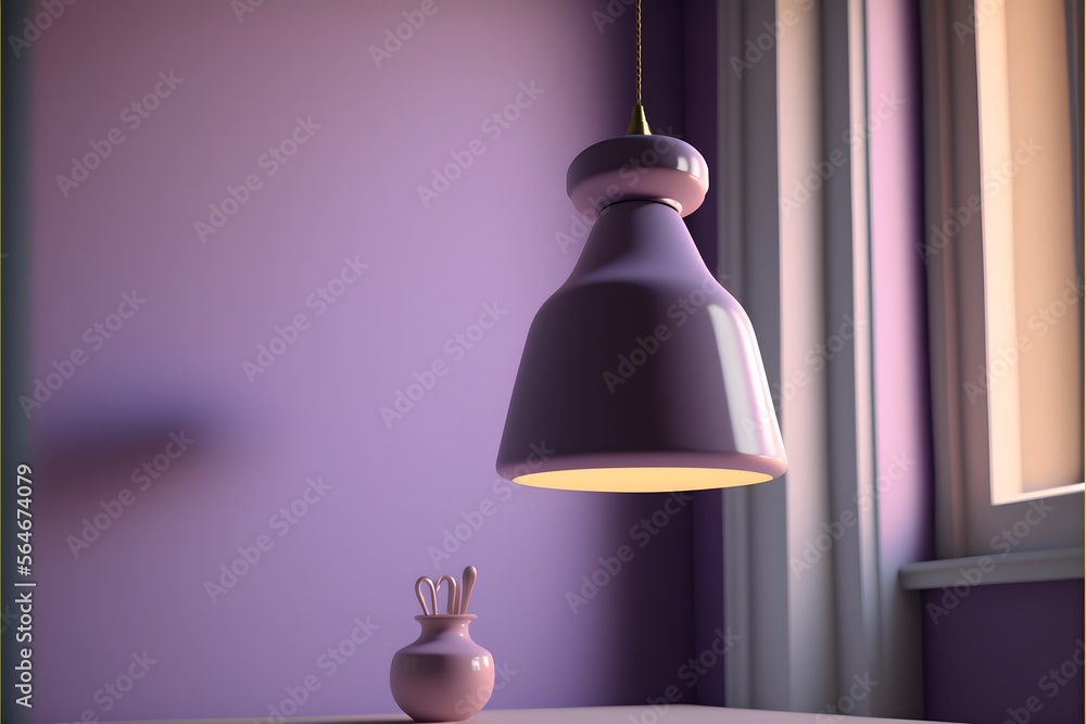 Obraz premium Pendant light hotel mockup, white glass wall, lamp, house interior design, and bathroom. generative ai.a simplistic and stylish loungeroom , warm Lavender purple color, photorealistic 