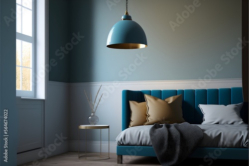  Pendant light hotel living room mockup, white glass wall, lamp, house interior design, and bathroom. generative ai.a simplistic and stylish loungeroom , warm blue color, photorealistic  photo