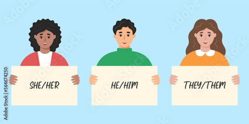People holding signs with different gender pronouns. She, he, they, non-binary person. Isolated vector illustration in flat style.
