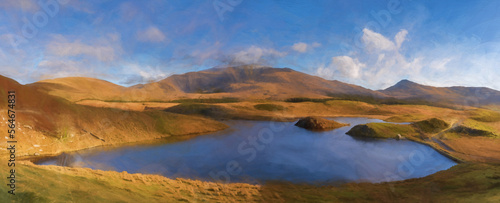 Digital painting of Llyn y Dywarchen, and Snowdon in the Snowdonia National Park, Wales. photo