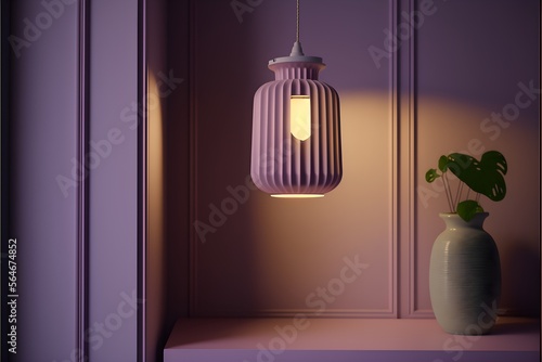  Pendant light hotel mockup, white glass wall, lamp, house interior design, and bathroom. generative ai.a simplistic and stylish loungeroom , warm Lavender color, photorealistic  photo