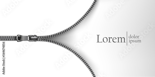 3d realistic vector open zipper background. Design concept banner. Illustration on transparent background.