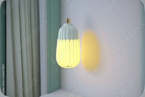  Pendant light hotel mockup, white glass wall, lamp, house interior design, and bathroom. generative ai.a simplistic and stylish loungeroom , warm white color, photorealistic  photo