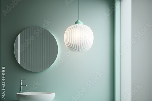  Pendant light hotel mockup, white glass wall, lamp, house interior design, and bathroom. generative ai.a simplistic and stylish loungeroom , warm green color, photorealistic  photo