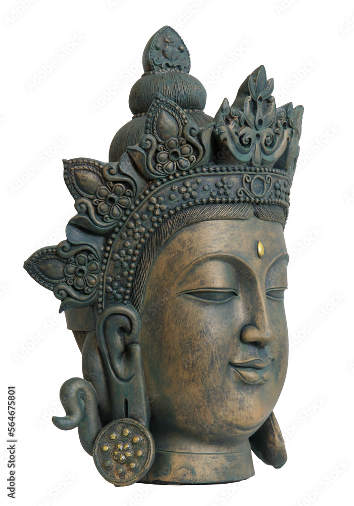 Indian style carved Buddha head three quarter view with antique aged Verdigras bronze effect transparent png file
