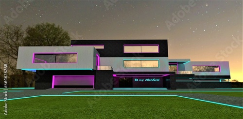 Amazing night view of the contemporary suburban home with illuminated territory and facade. Text be my Valentine on the wall at the entrance. 3d rendering.
