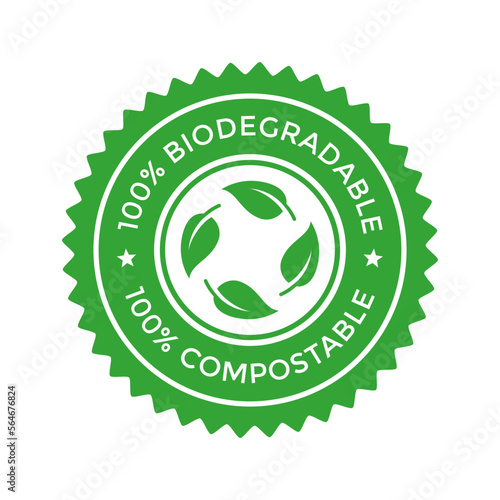 Vector logo template. 100% Biodegradable and compostable symbol. Circle and green symbol.