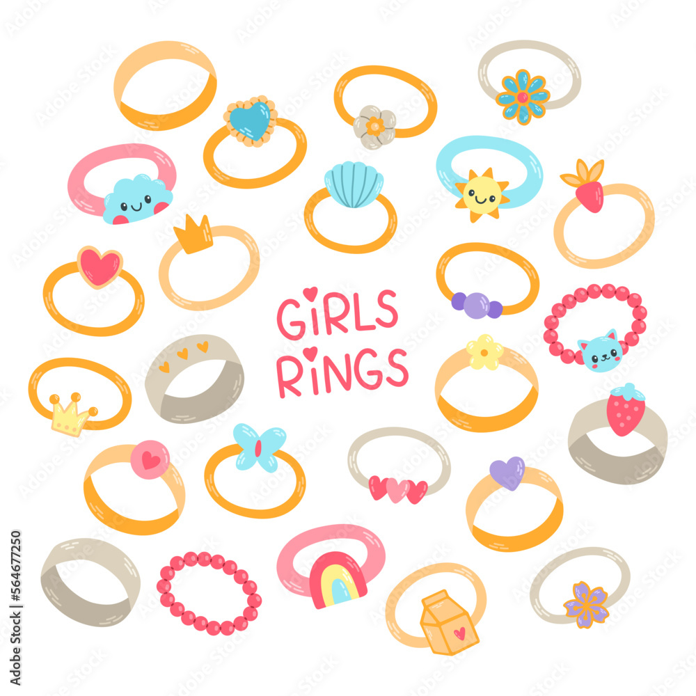Kids jewelry set, different cute rings. Cartoon drawing rings for children isolated on white. Fashion, jewelry concept