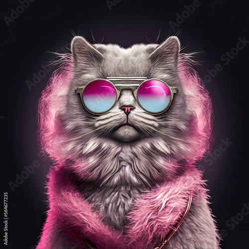 Obraz na plátne Fashion cat with pink sunglasses and a pink fur coat on a black background