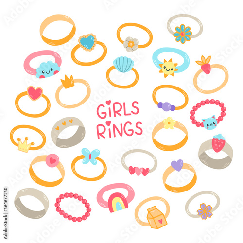 Kids jewelry set, different cute rings. Cartoon drawing rings for children isolated on white. Fashion, jewelry concept © spirka.art