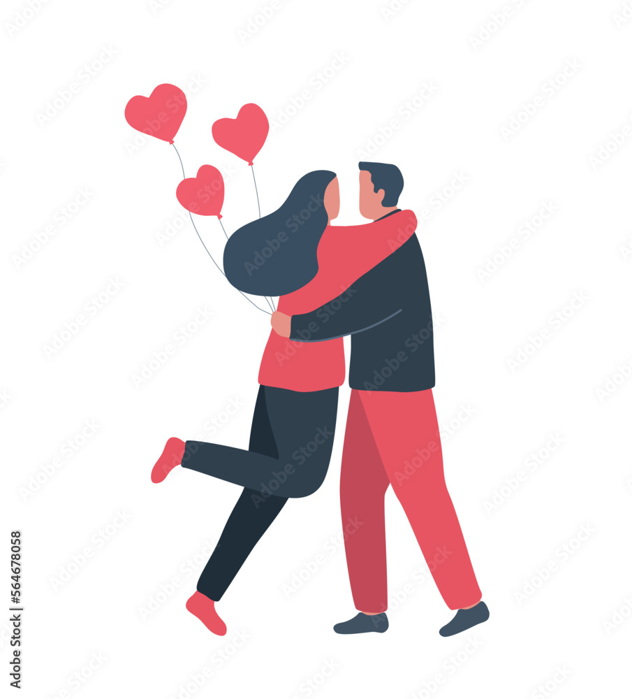 Valentine's day illustration. Young couple hugging with heart shaped balloons. Vector illustration
