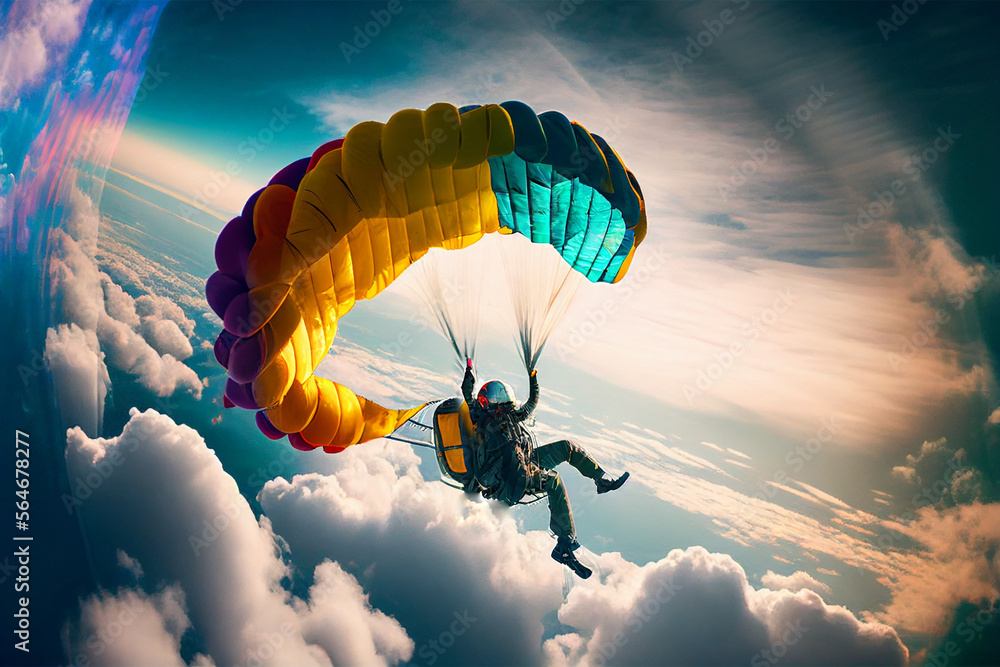 Parachuting. Paratroopers or parachutist freefalling and descending