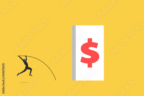 Businessman pole vault jumping dollar. Concept of success, Business challenge, revenue rebound and recover from economic crisis or earning and profit growth jump.