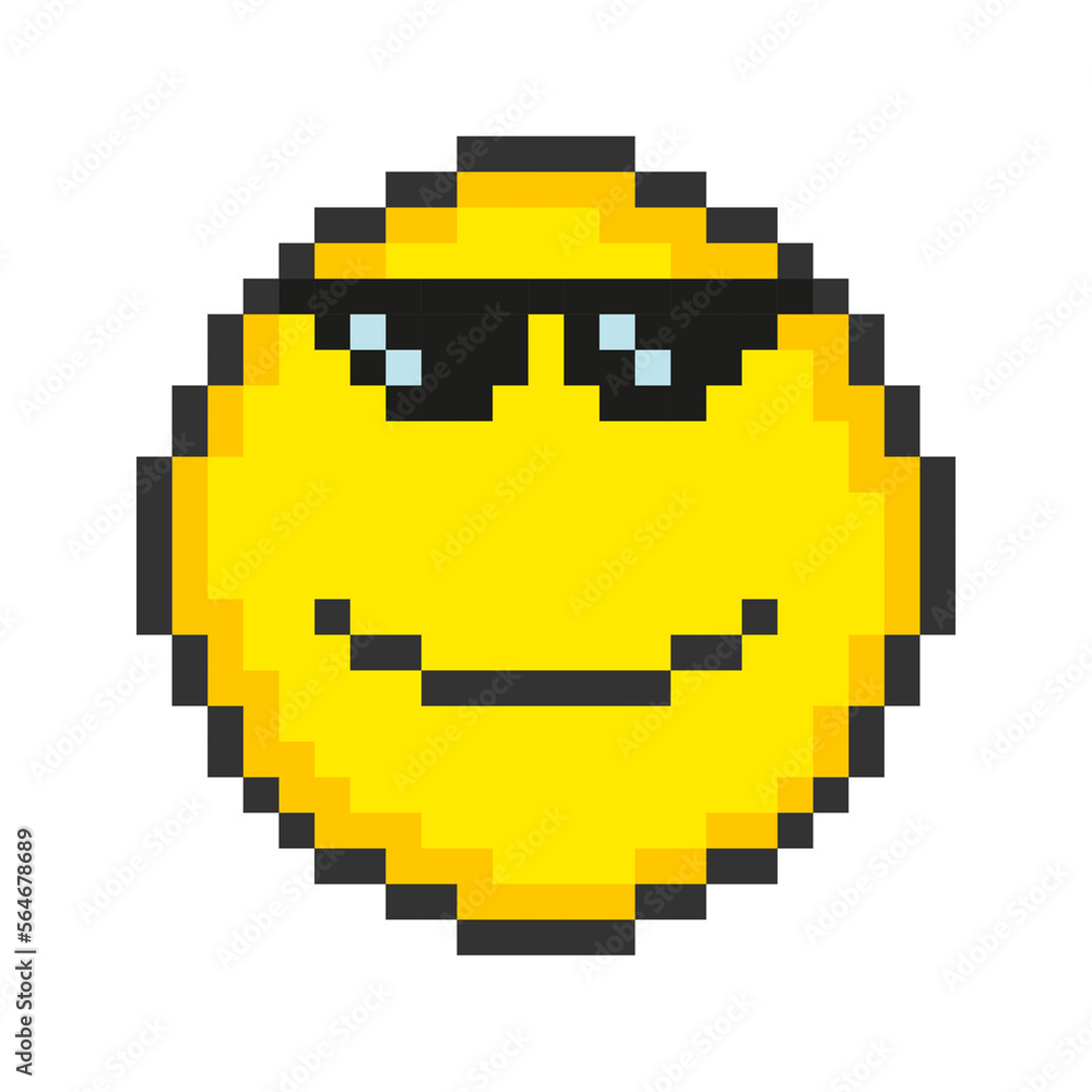 Cool face icon. Pixel art emoticons. Vector illustration.